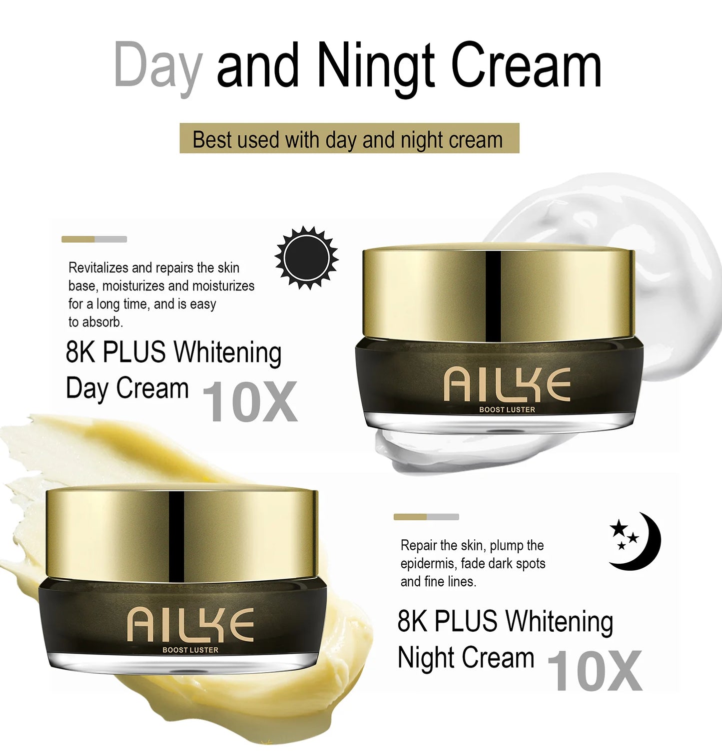 AILKE 8K Plus Night Whitening Cream | Collagen + Niacinamide + Glutathione – Dark Spots, Dull Skin & Fine Lines