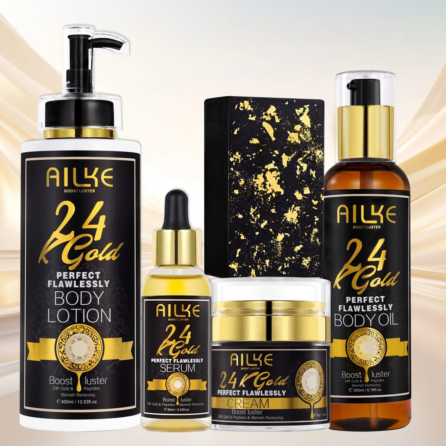 AILKE 24K Gold Perfect Flawless Body Glow Set | Whitening Body Lotion, Oil & Serum for Dark Spots, Wrinkles & Deep Hydration