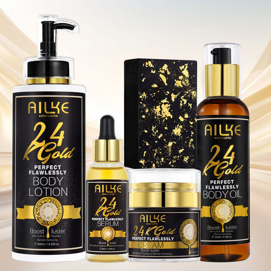 AILKE 24K Gold Perfect Flawless Body Glow Set | Whitening Body Lotion, Oil & Serum for Dark Spots, Wrinkles & Deep Hydration