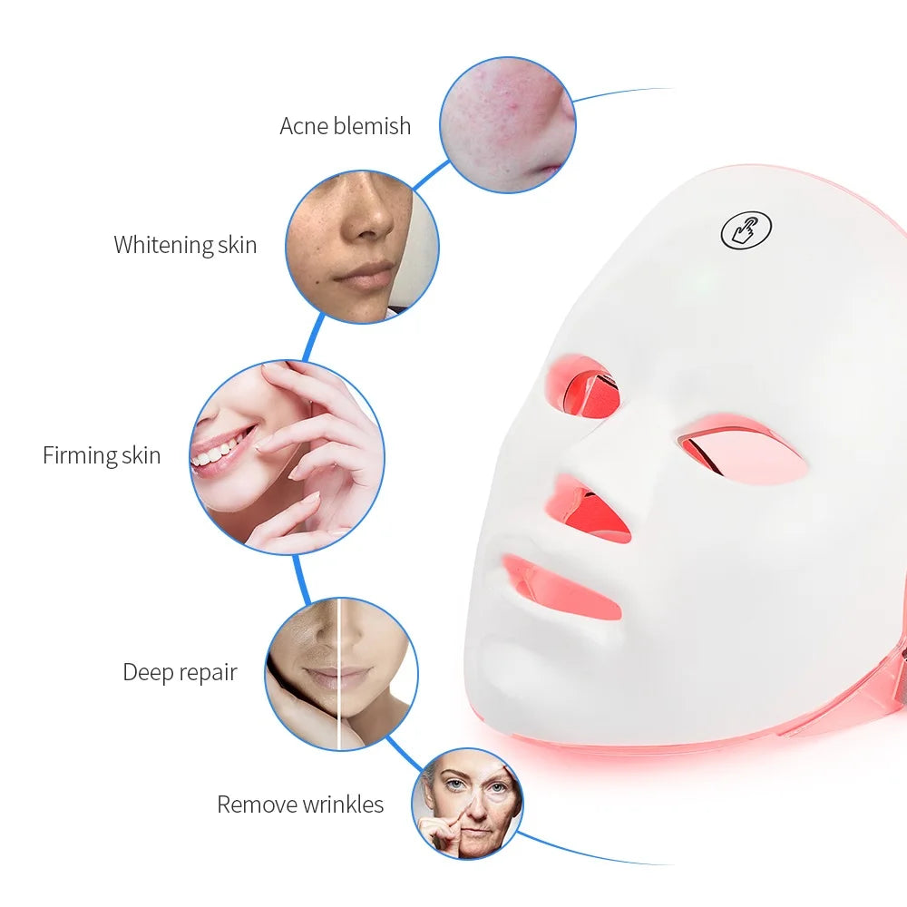 7 Colors LED Photon Facial Mask Skin Rejuvenation Anti Acne Facial Beauty Mask Red Light Skin Care Repair Skin Wireless Use