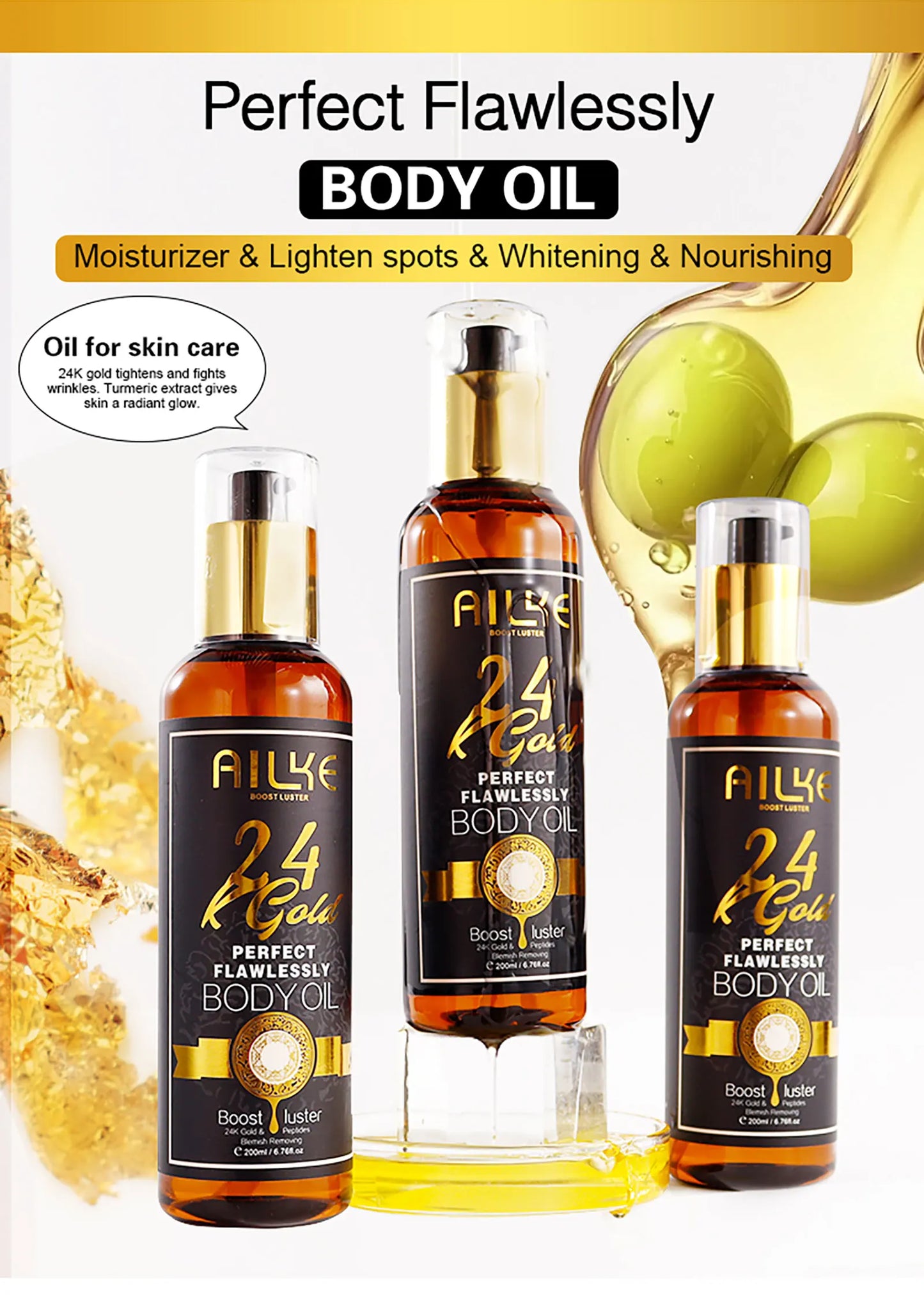 AILKE 24K Gold Perfect Flawless Body Glow Set | Whitening Body Lotion, Oil & Serum for Dark Spots, Wrinkles & Deep Hydration