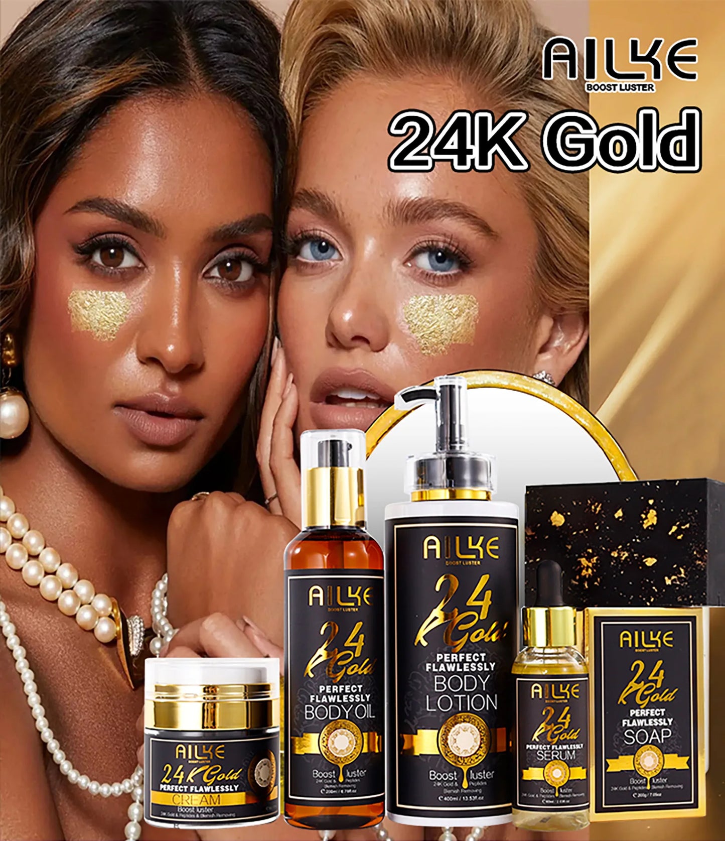AILKE 24K Gold Perfect Flawless Body Glow Set | Whitening Body Lotion, Oil & Serum for Dark Spots, Wrinkles & Deep Hydration