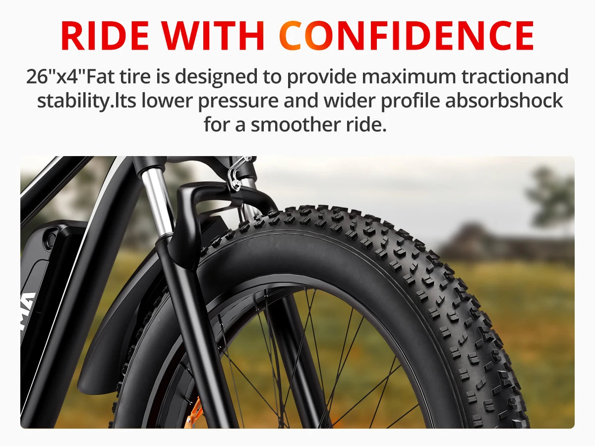 1500W Electric Mountain Bike EB26 | Fat Tire E-Bike 26" 48V 50-Mile Range - USA LOCATION