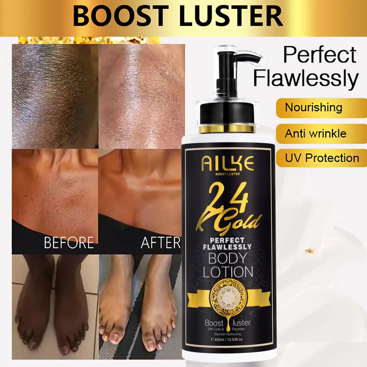 AILKE 24K Gold Perfect Flawless Body Glow Set | Whitening Body Lotion, Oil & Serum for Dark Spots, Wrinkles & Deep Hydration