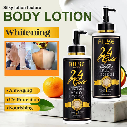 AILKE 24K Gold Perfect Flawless Body Glow Set | Whitening Body Lotion, Oil & Serum for Dark Spots, Wrinkles & Deep Hydration