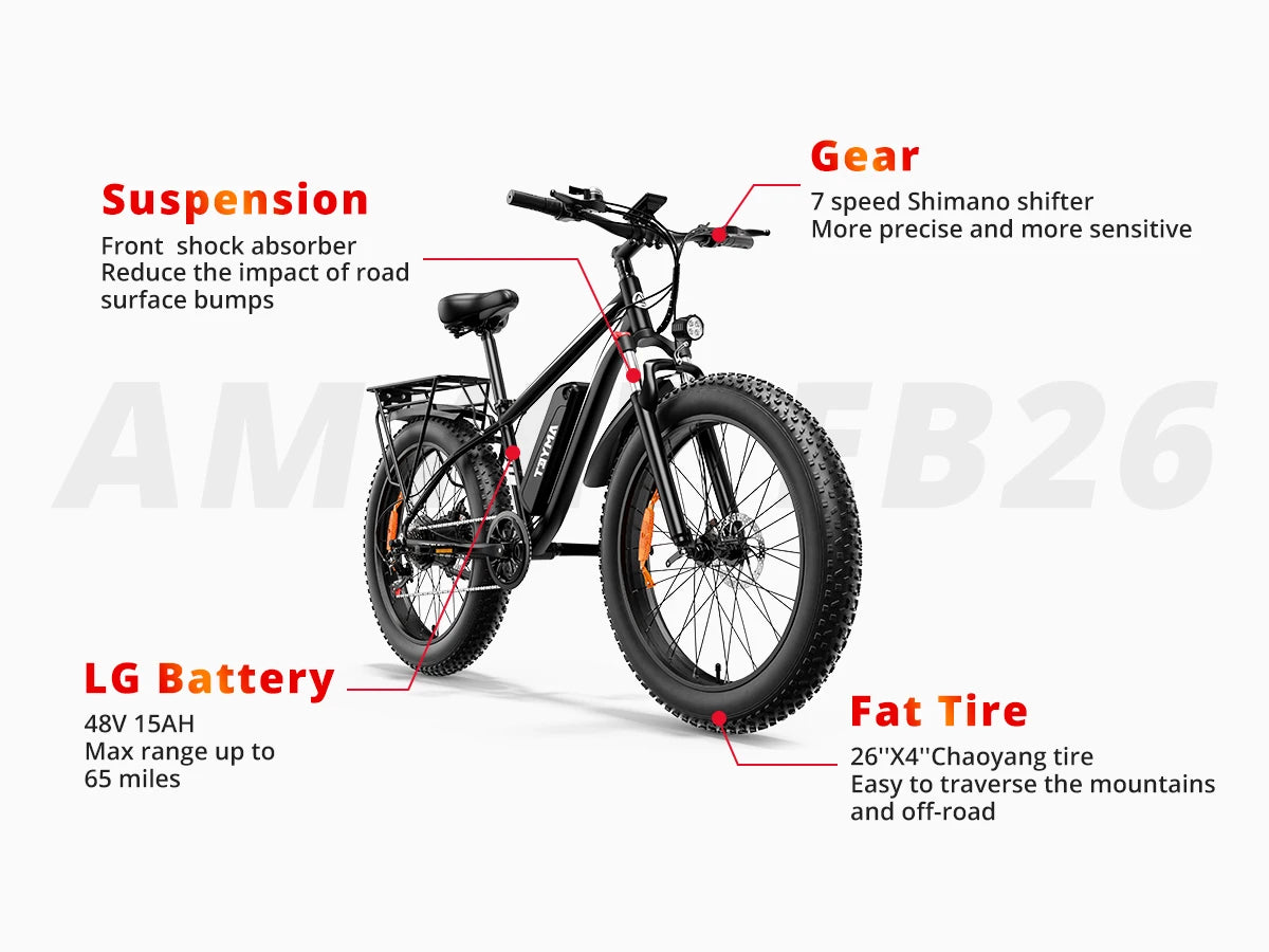 1500W Electric Mountain Bike EB26 | Fat Tire E-Bike 26" 48V 50-Mile Range - USA LOCATION