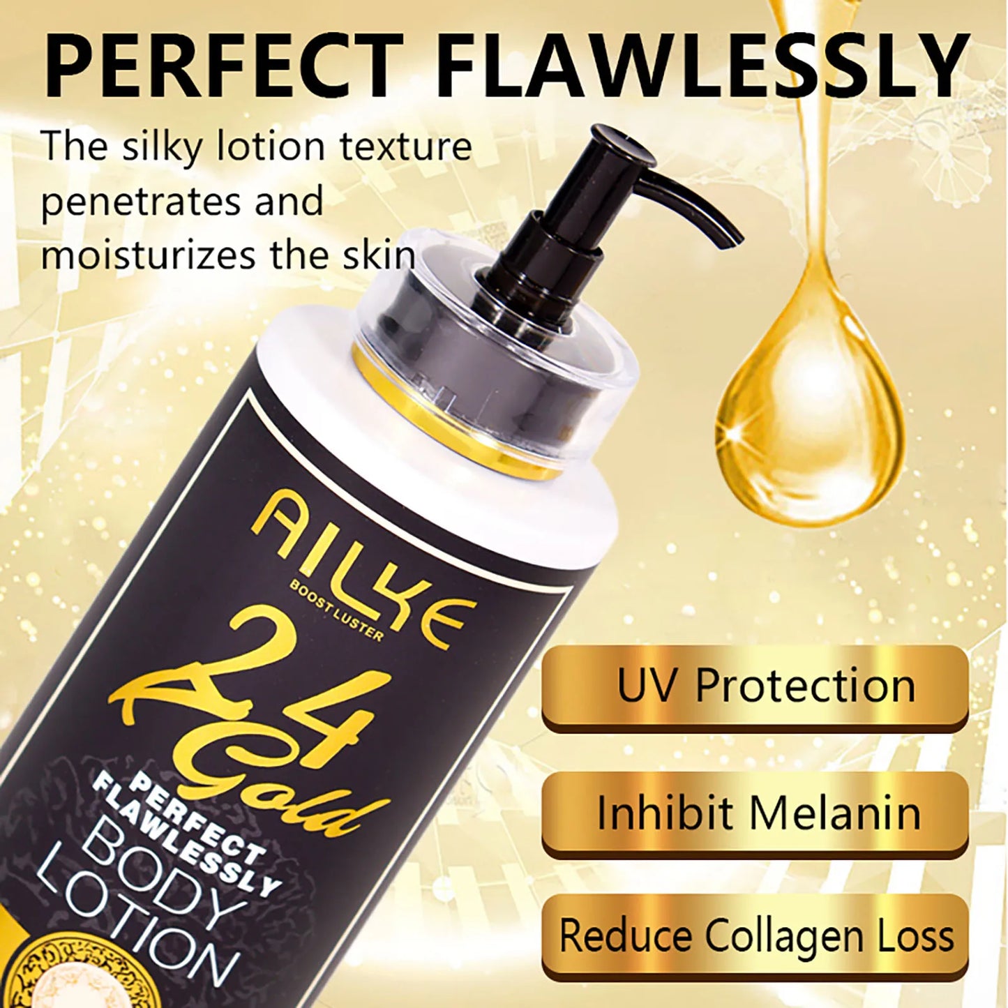 AILKE 24K Gold Perfect Flawless Body Glow Set | Whitening Body Lotion, Oil & Serum for Dark Spots, Wrinkles & Deep Hydration