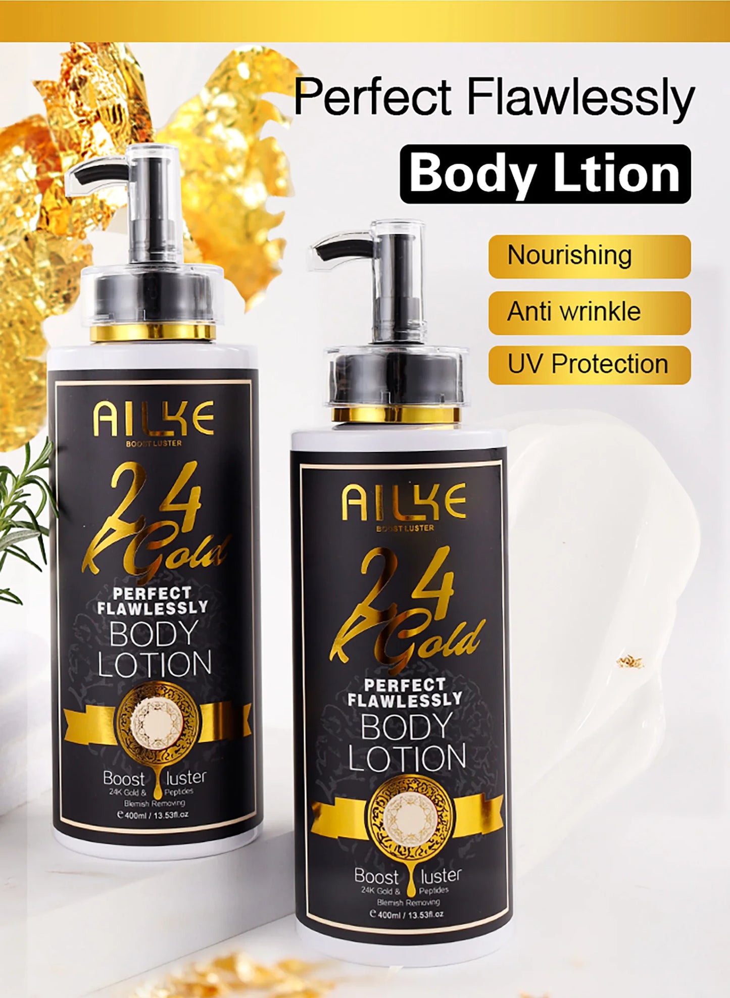 AILKE 24K Gold Perfect Flawless Body Glow Set | Whitening Body Lotion, Oil & Serum for Dark Spots, Wrinkles & Deep Hydration
