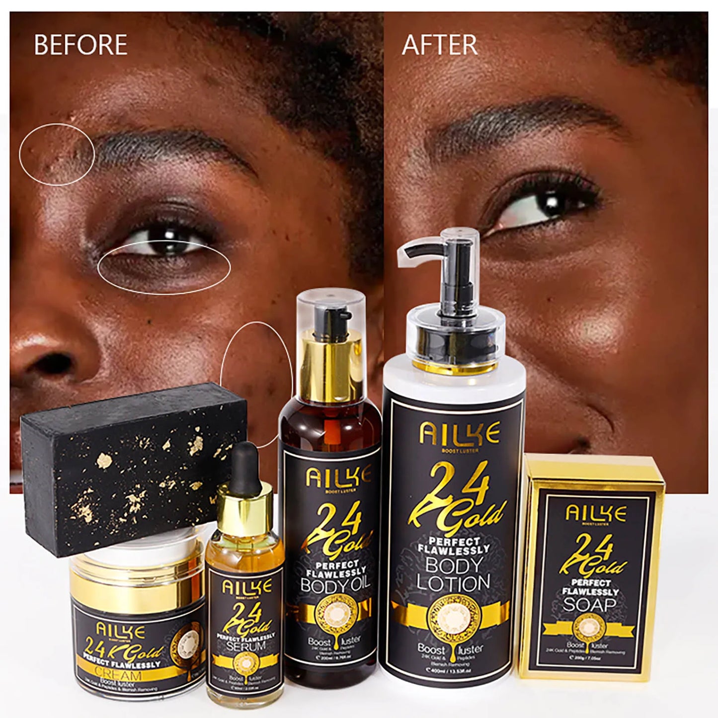 AILKE 24K Gold Perfect Flawless Body Glow Set | Whitening Body Lotion, Oil & Serum for Dark Spots, Wrinkles & Deep Hydration