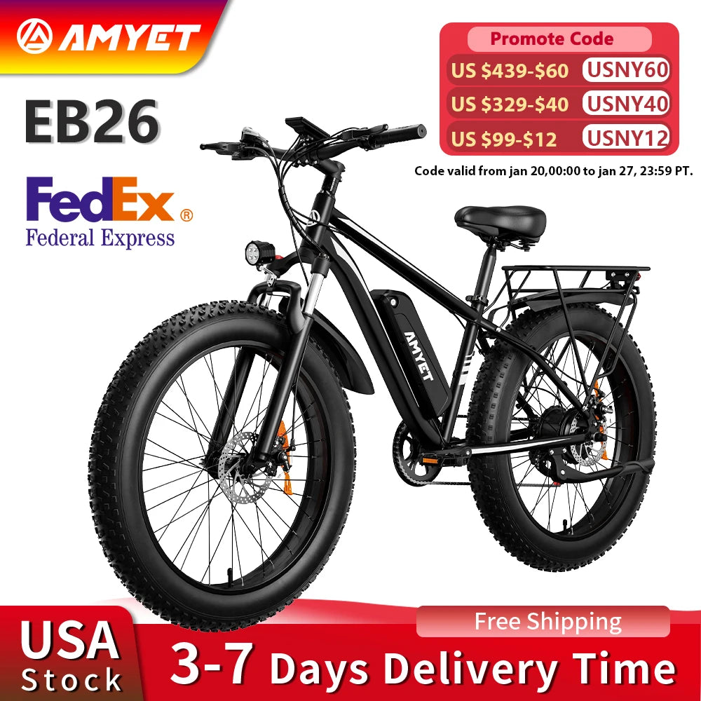 1500W Electric Mountain Bike EB26 | Fat Tire E-Bike 26" 48V 50-Mile Range - USA LOCATION